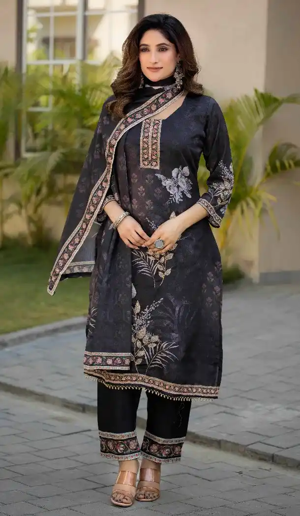 Women Black Digital Print Chinon Salwar Suit - 217610
