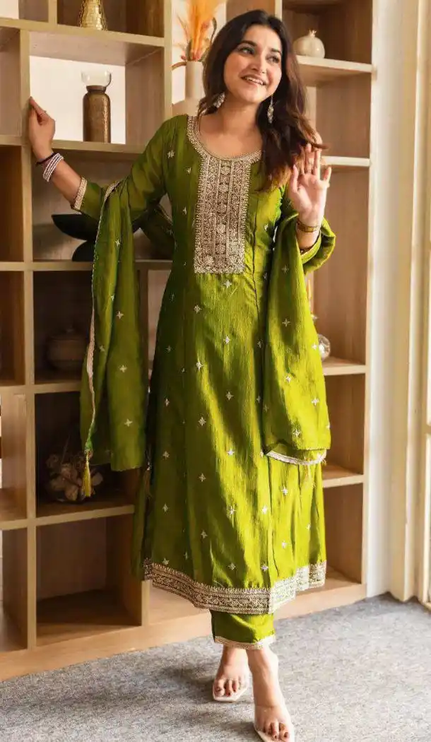 Mehendi Green Salwar Suit in Vichitra Silk for Women - 217642