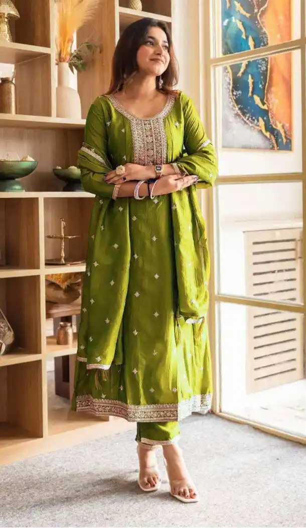 Mehendi Green Salwar Suit in Vichitra Silk for Women - 217642