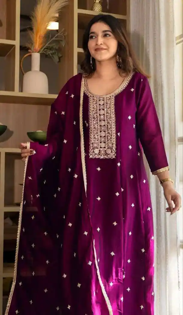 Wine Party Wear Vichitra Silk Suit for Women - 217643