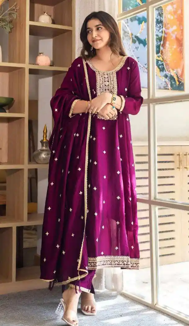 Wine Party Wear Vichitra Silk Suit for Women - 217643
