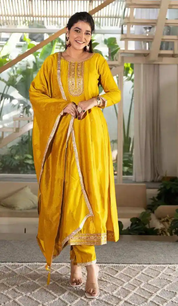 Yellow Vichitra Silk Suit for Women - 217644