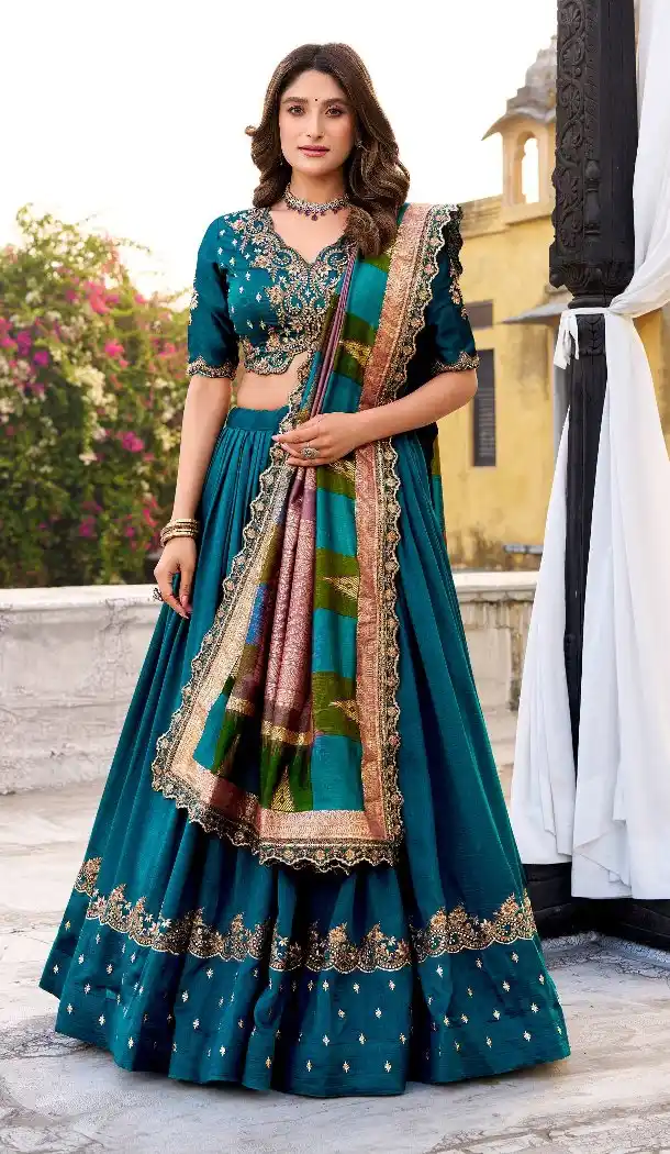 Teal Blue Vichitra Silk Lehenga Choli with Sequins Embroidery - 217593