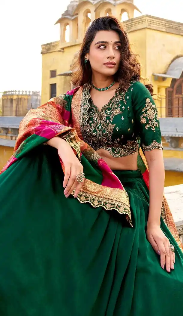 Green Party Wear Lehenga Choli with Embroidery Work - 217594