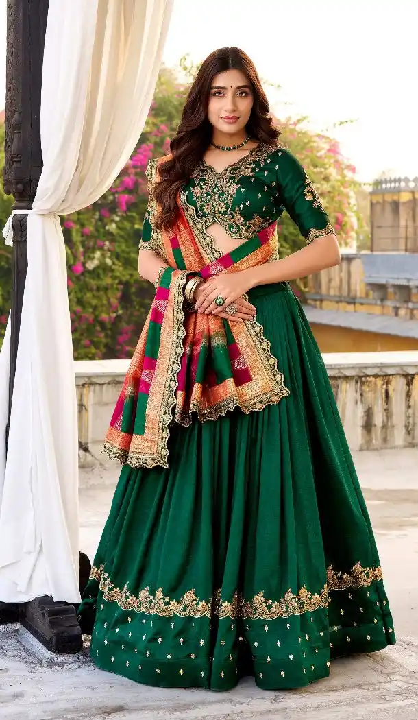 Green Party Wear Lehenga Choli with Embroidery Work - 217594