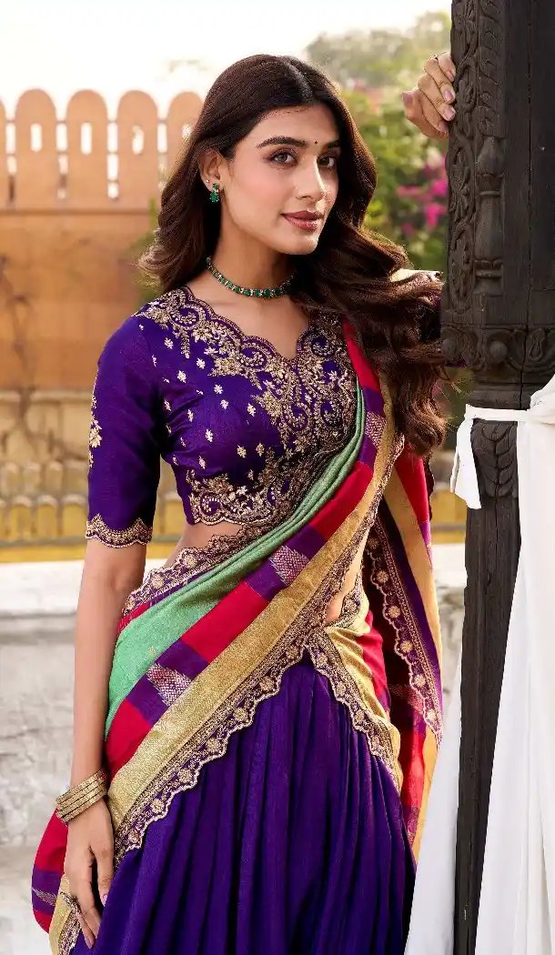Purple Vichitra Silk Lehenga Choli with Thread Embroidery - 217595