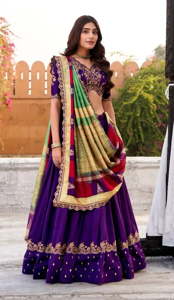 Purple Vichitra Silk Lehenga Choli with Thread Embroidery - 217595