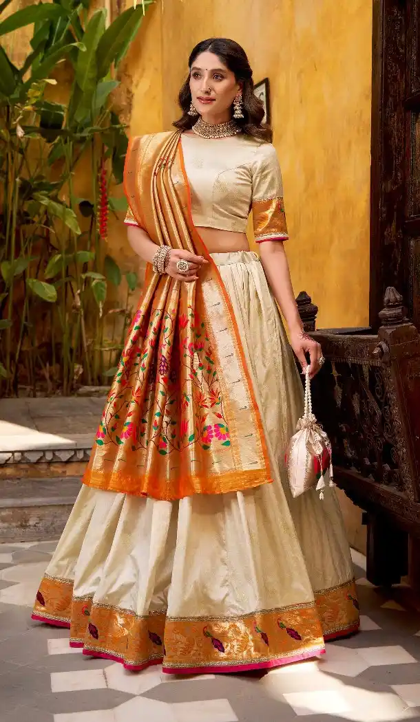 Off White Silk Lehenga Choli with Lace Border – 217649