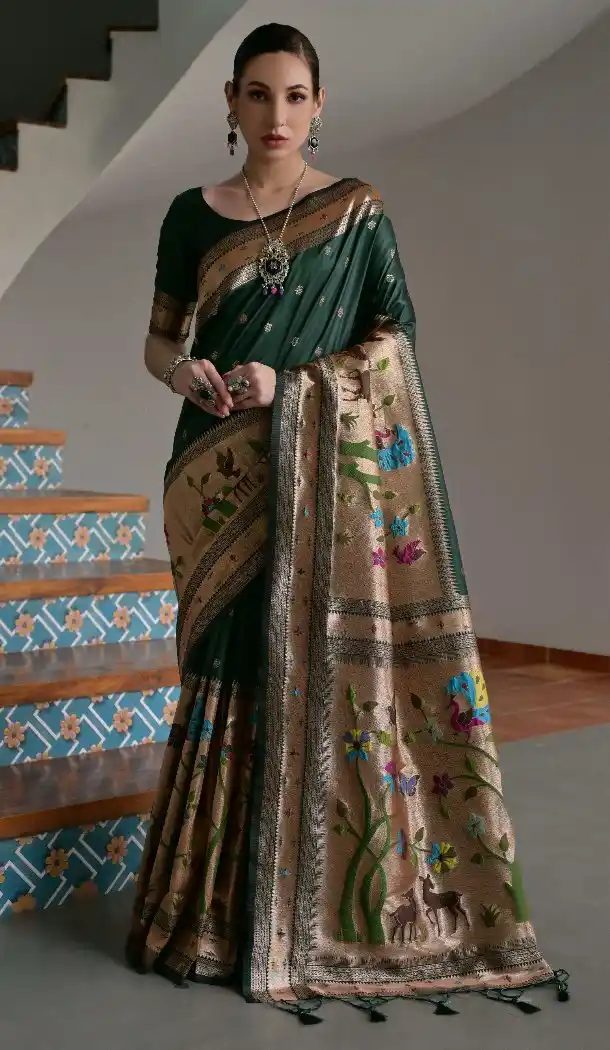 Dark Green Banarasi Silk Paithani Saree with Zari Work - 217651