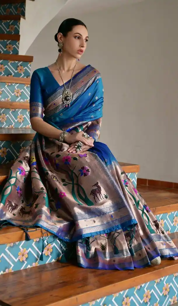 Blue Banarasi Silk Paithani Saree with Zari Work - 217652