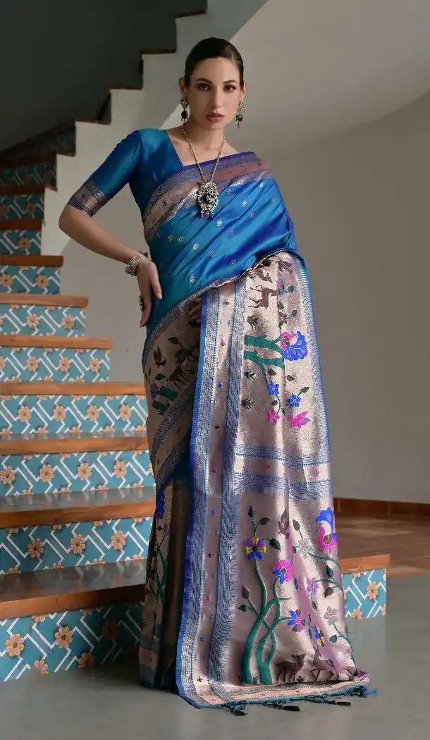 Blue Banarasi Silk Paithani Saree with Zari Work - 217652