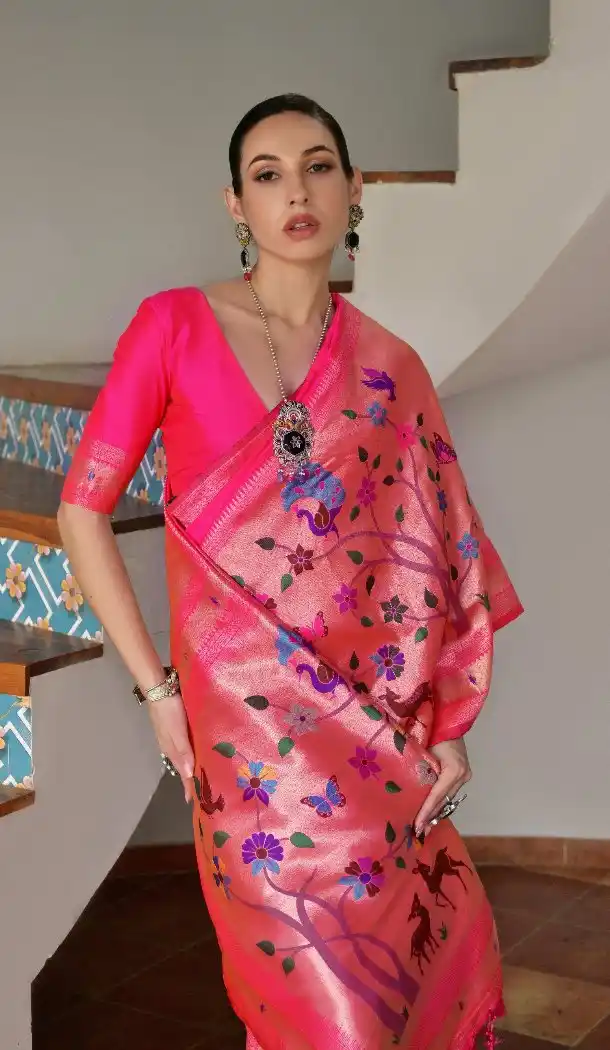 Pink Banarasi Silk Paithani Saree with Zari Work - 217653
