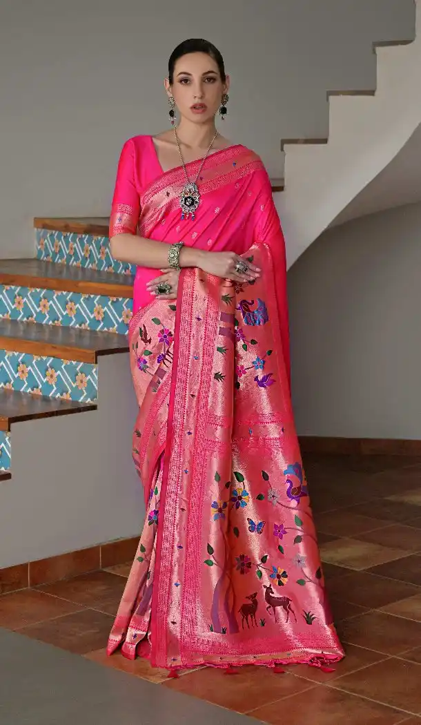Pink Banarasi Silk Paithani Saree with Zari Work - 217653