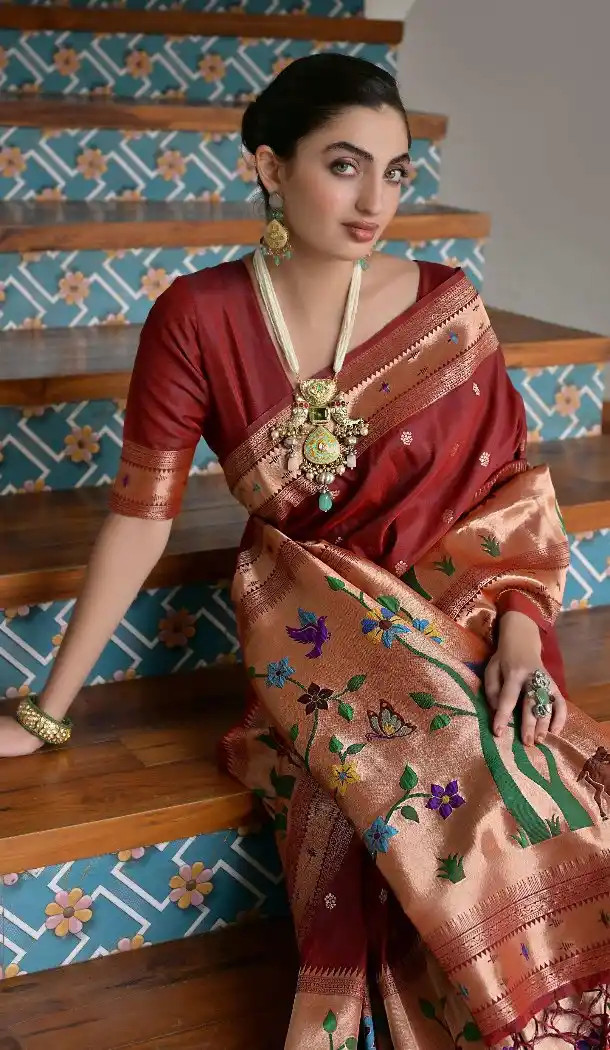 Maroon Banarasi Silk Paithani Saree with Zari Work - 217654