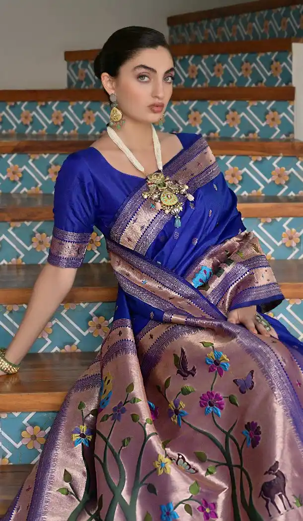 Royal Blue Banarasi Silk Paithani Saree with Zari Work - 217655