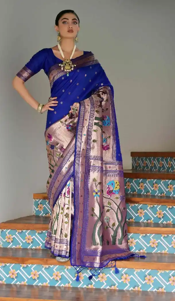 Royal Blue Banarasi Silk Paithani Saree with Zari Work - 217655