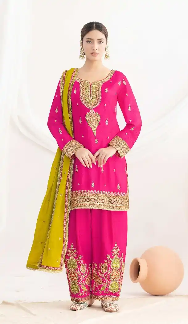 Yellow Chinon Punjabi Suit with Elegant Work - 217682