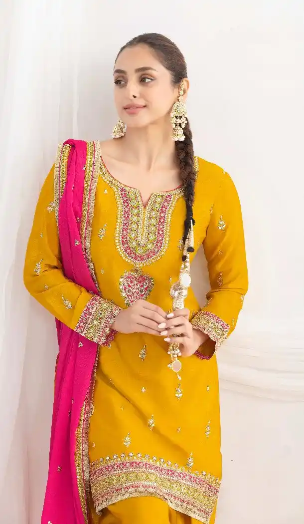 Yellow Chinon Punjabi Suit with Dabka Design - 217683