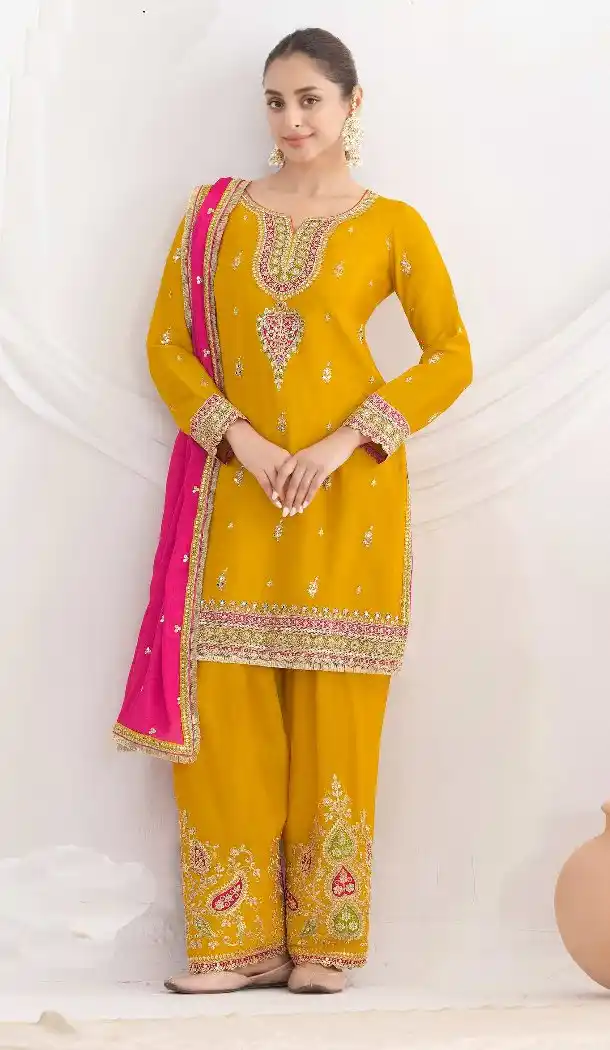Yellow Chinon Punjabi Suit with Dabka Design - 217683