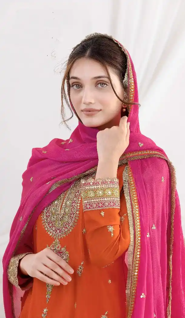 Orange Chinon Punjabi Suit with Beautiful Handwork - 217685