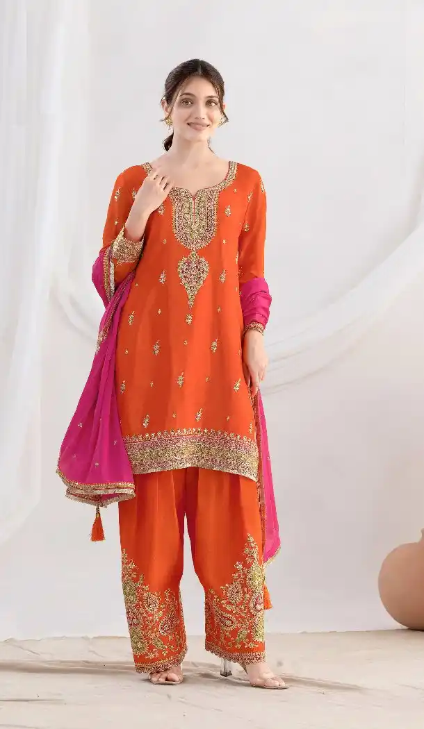 Orange Chinon Punjabi Suit with Beautiful Handwork - 217685