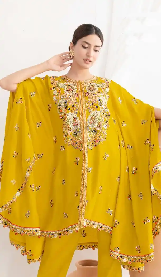 Yellow Chinon Salwar Suit with Floral Work - 217690