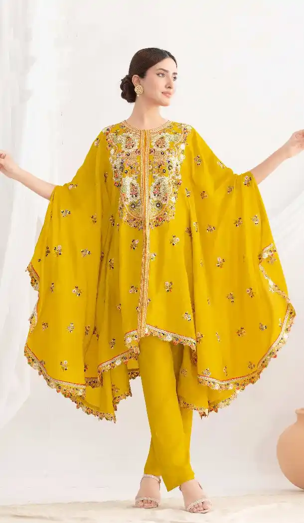 Yellow Chinon Salwar Suit with Floral Work - 217690