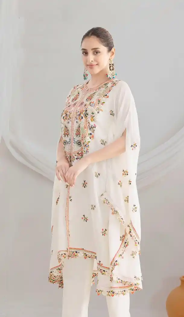 White Chinon Salwar Suit with Floral Work - 217692