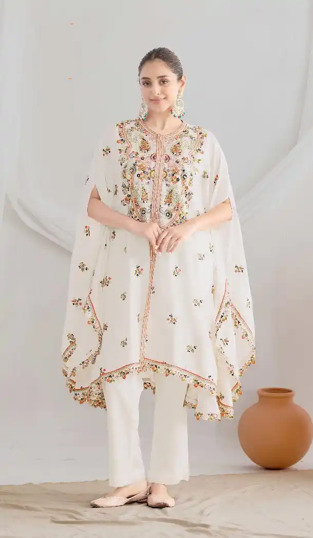 White Chinon Salwar Suit with Floral Work - 217692
