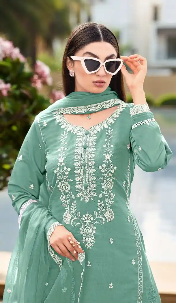 Blue Embroidered Cotton Salwar Suit for Women - 217708