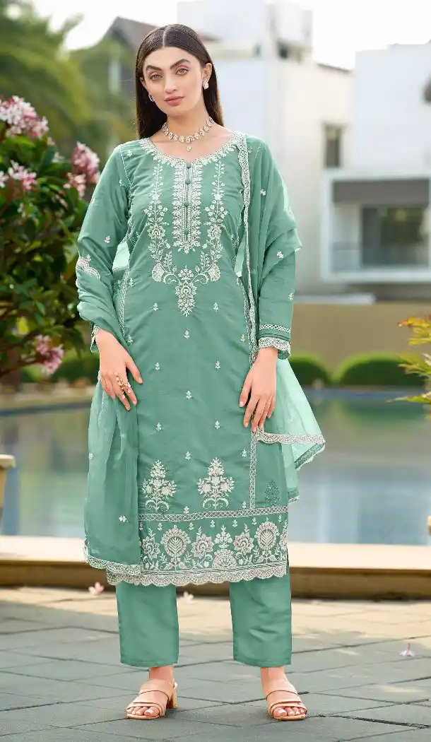 Blue Embroidered Cotton Salwar Suit for Women - 217708