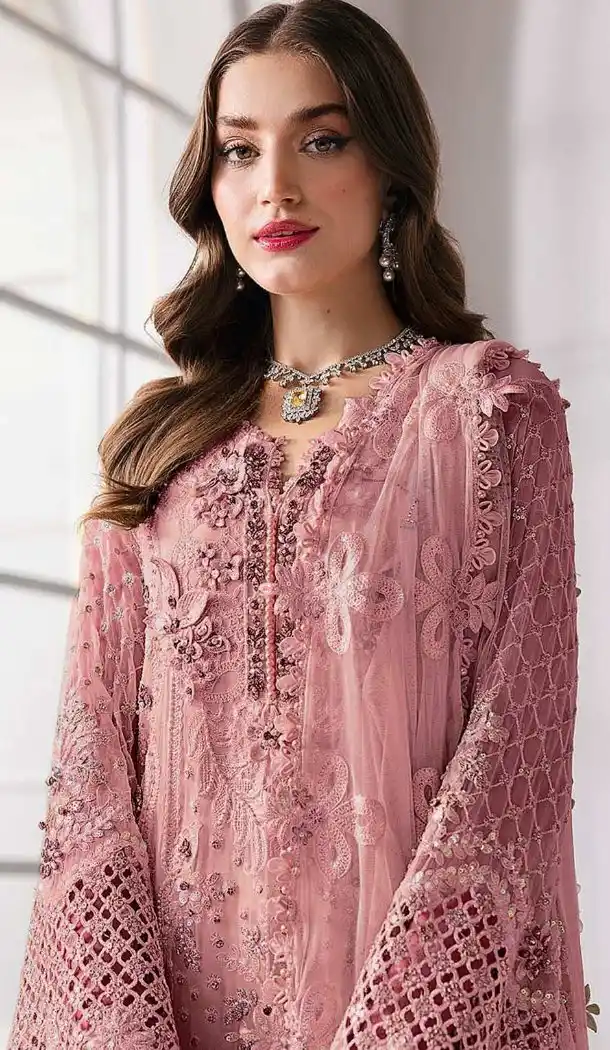 Women's Baby Pink Zari Work Pakistani Suit - 217778