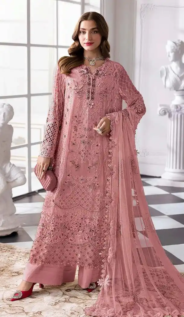 Women's Baby Pink Zari Work Pakistani Suit - 217778