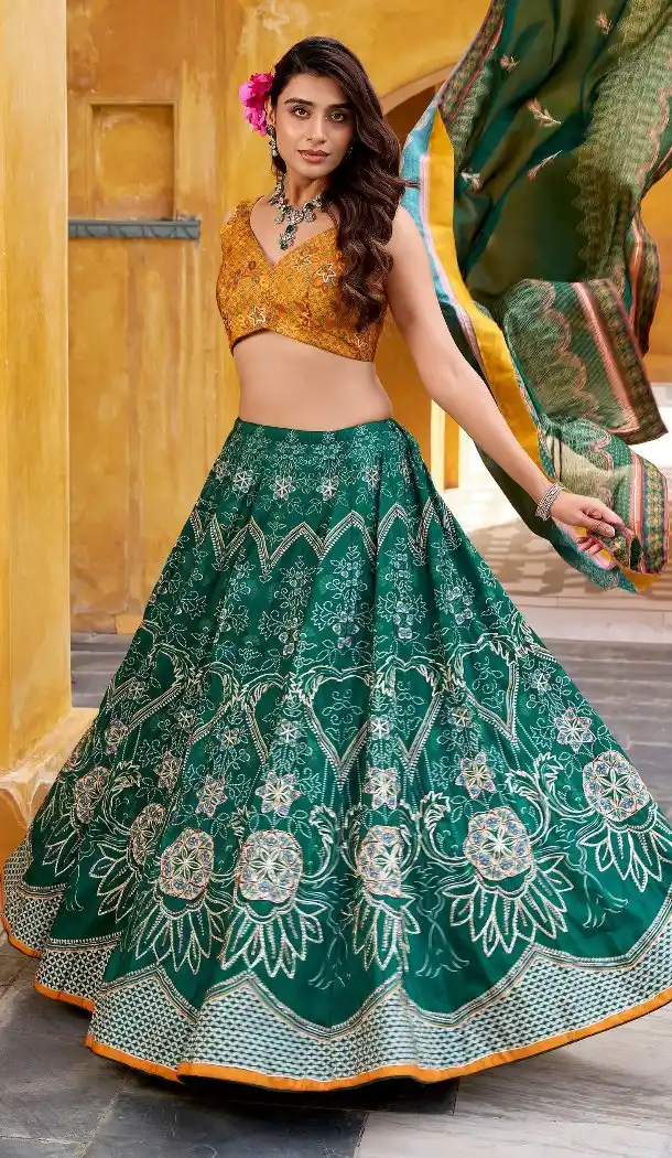 Bottle Green Lehenga Choli with Beads & Gotta Patti - 217858
