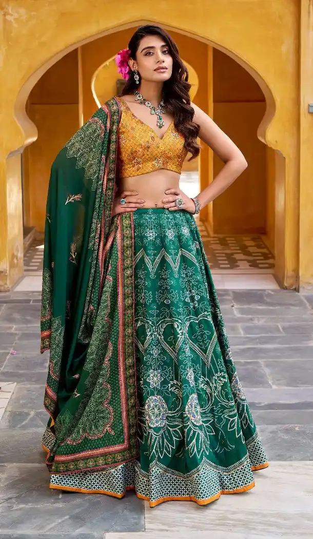 Bottle Green Lehenga Choli with Beads & Gotta Patti - 217858