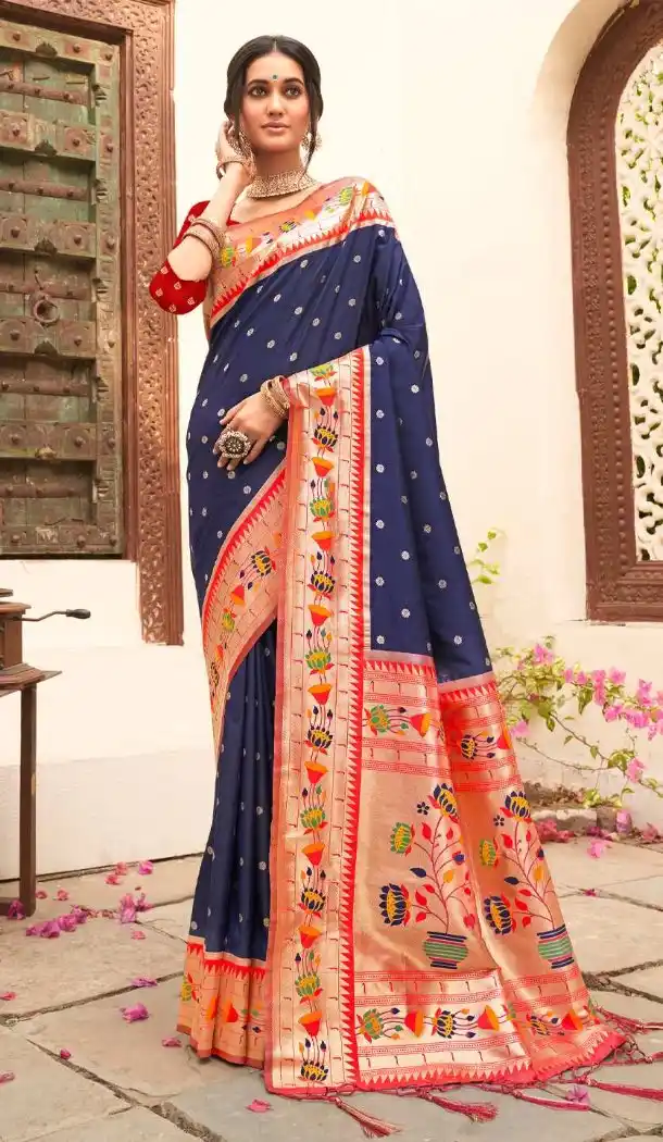 Navy Blue Saree with Woven Work - 217788