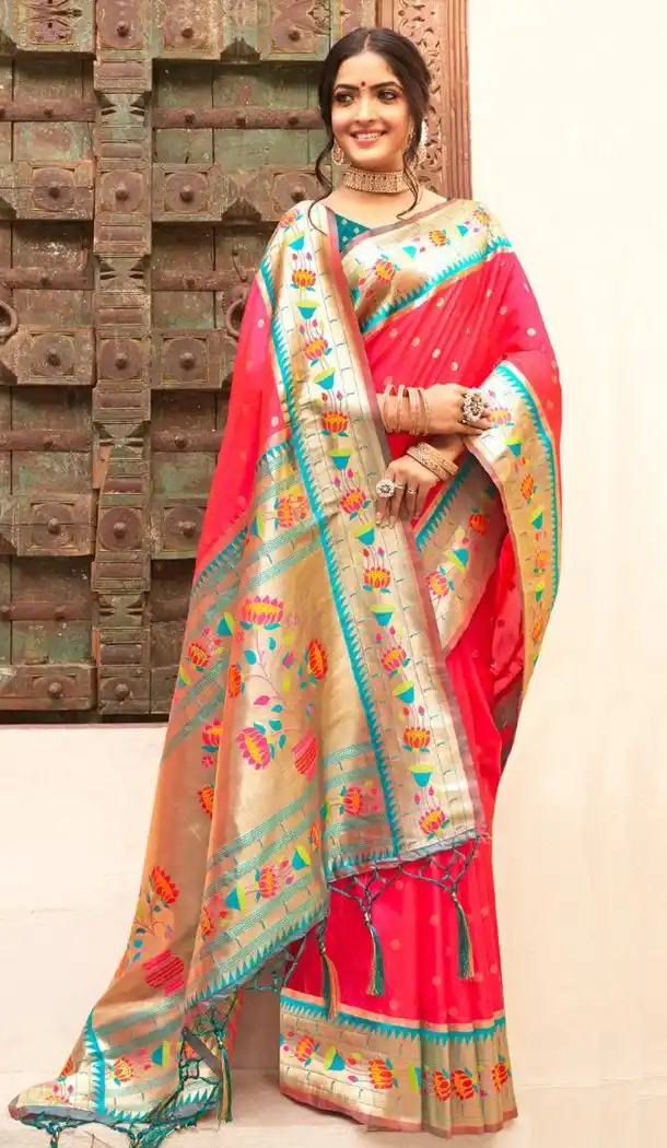 Pink Silk Blend Saree with Woven Work - 217789