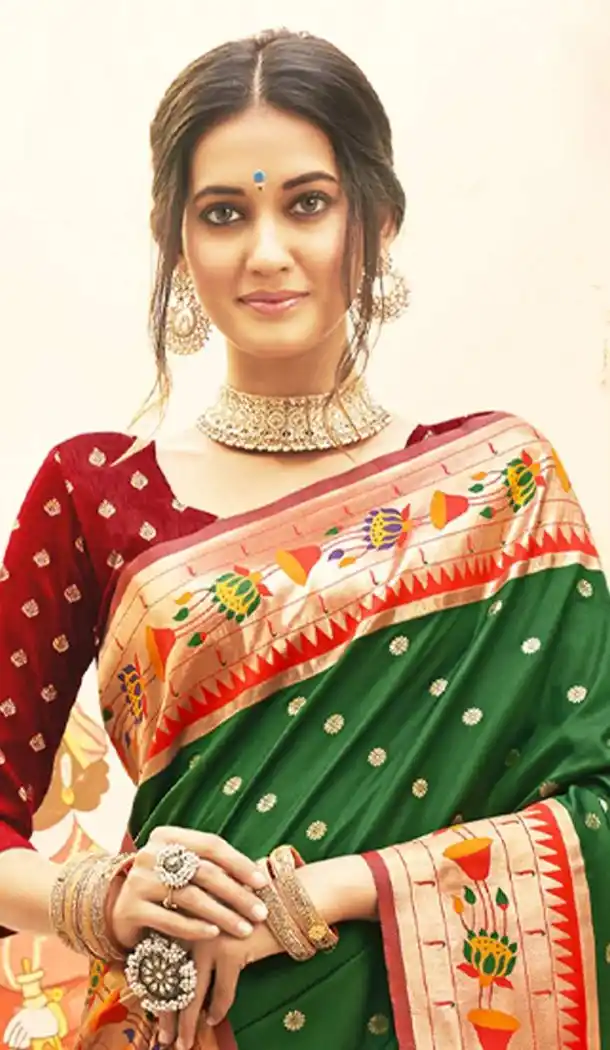 Dark Green Silk Saree with Woven Work - 217791