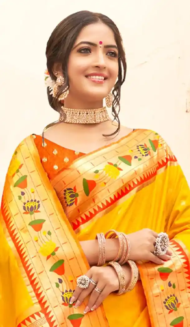 Yellow Silk Blend Saree with Woven Work - 217792