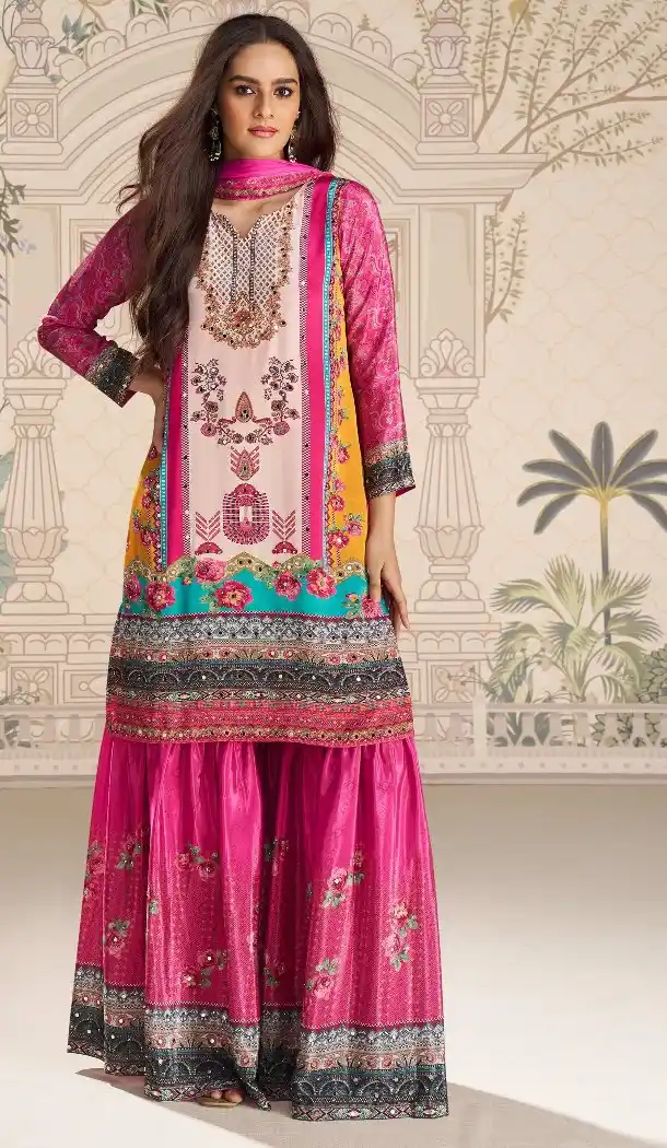 Pink Crepe Palazzo Suit with Embroidered Sequence Work - 217851