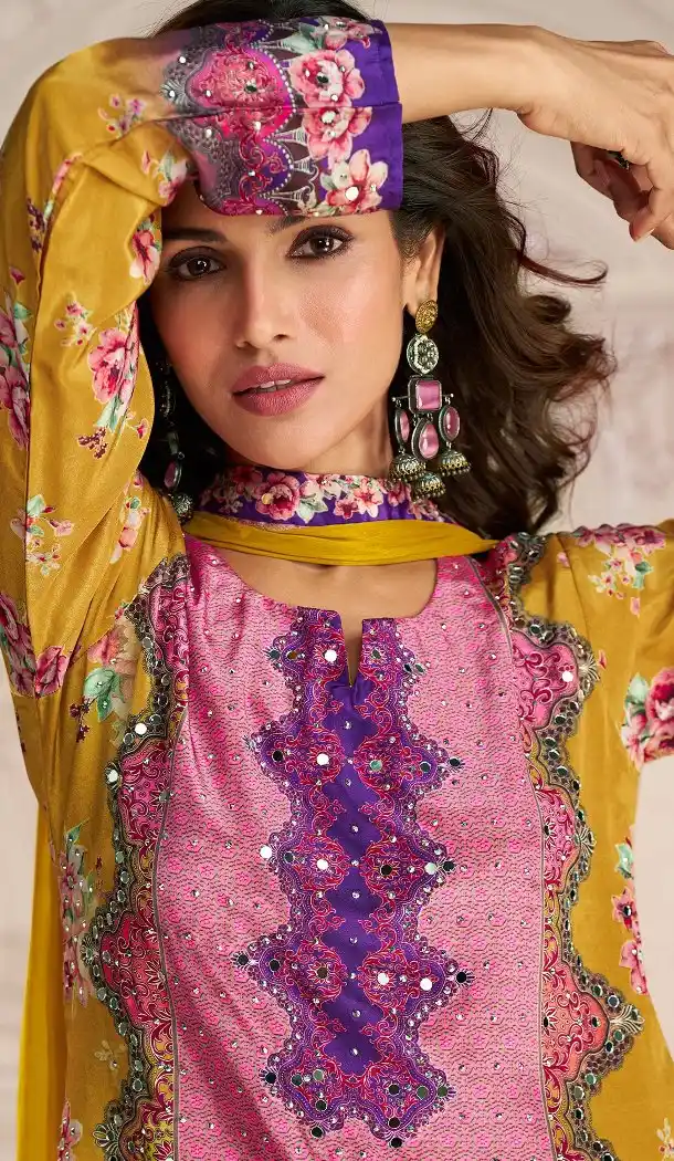 Yellow Crepe Palazzo Suit with Designer Sequence Work - 217852
