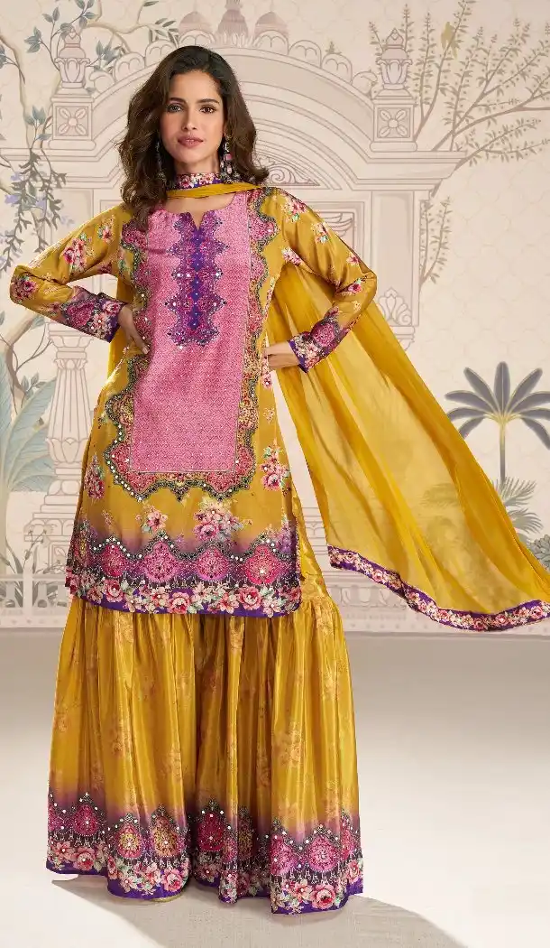 Yellow Crepe Palazzo Suit with Designer Sequence Work - 217852