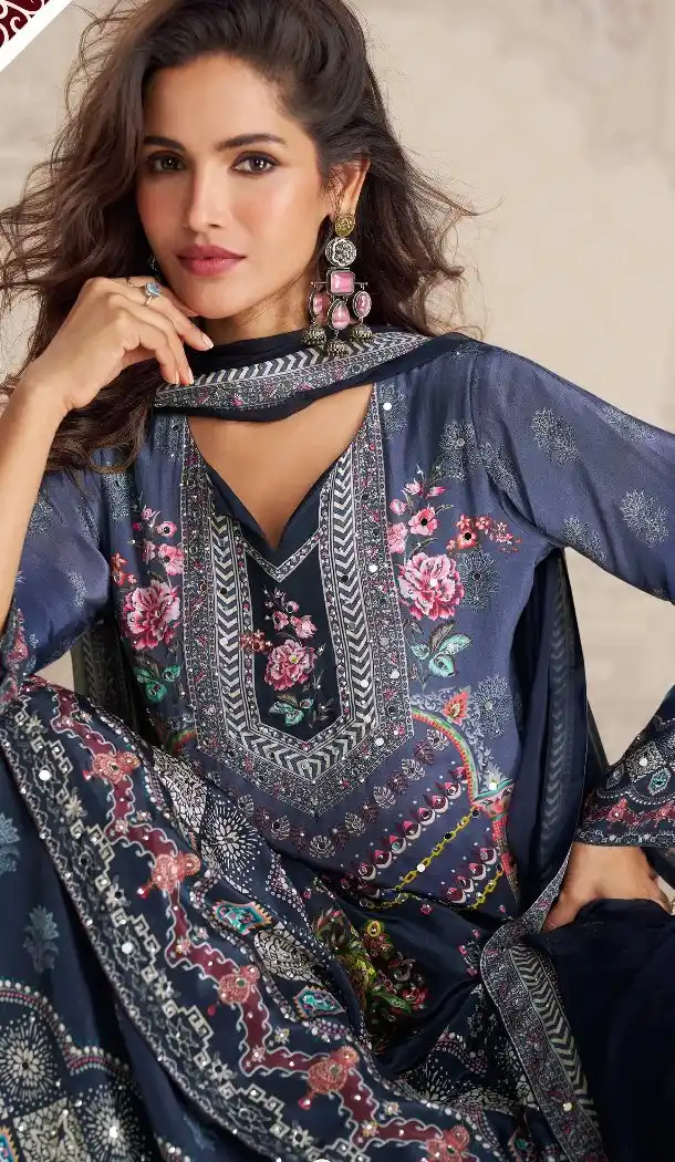 Blue Crepe Palazzo Suit with Embroidery Work - 217853