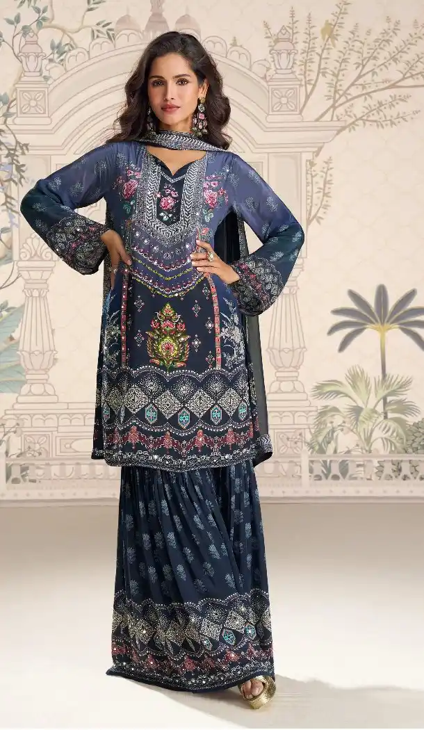 Blue Crepe Palazzo Suit with Embroidery Work - 217853