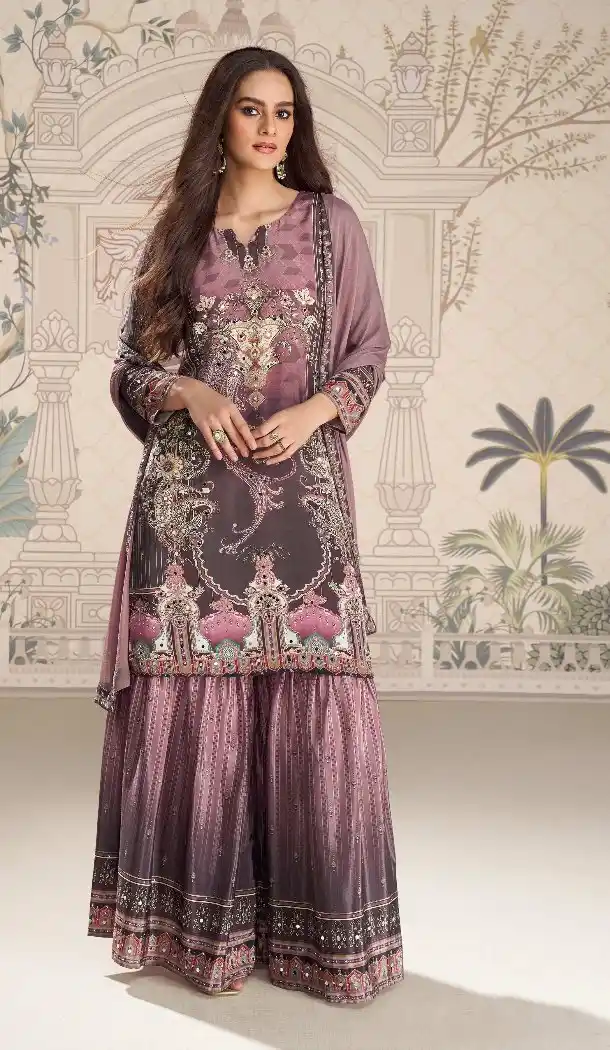 Mauve Crepe Palazzo Suit with Sequence Embroidery - 217854