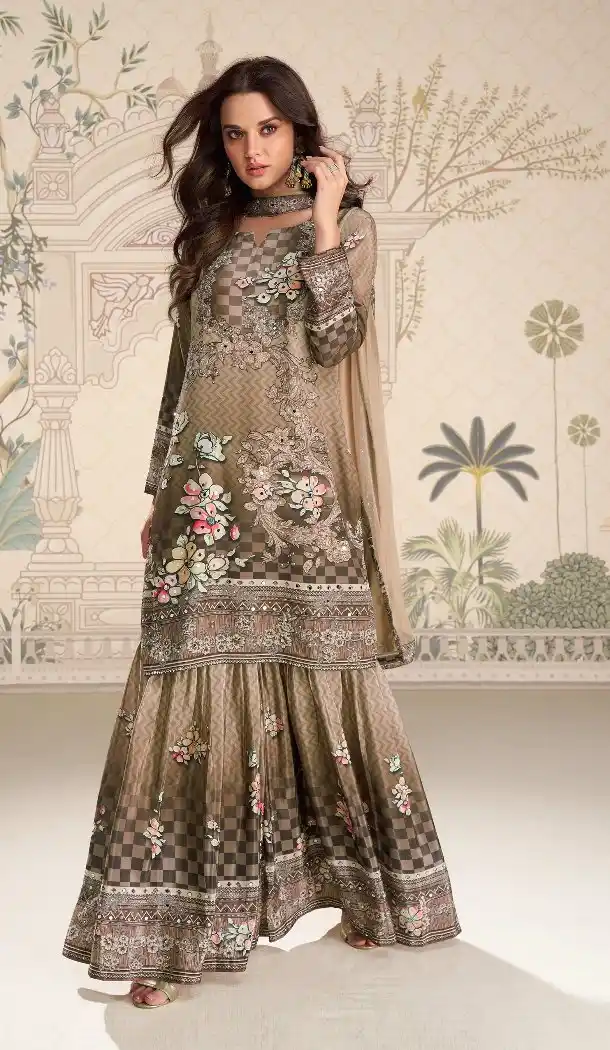 Beige Crepe Palazzo Suit with Fancy Sequence Work - 217855