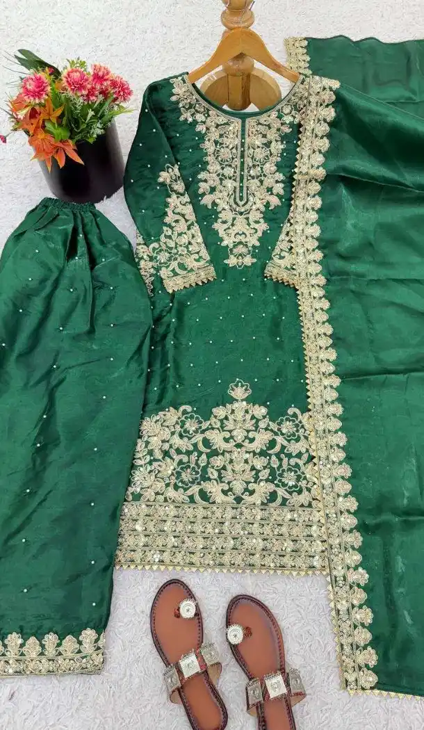 Green Party Wear Palazzo Suit with Embroidery Work - 217916