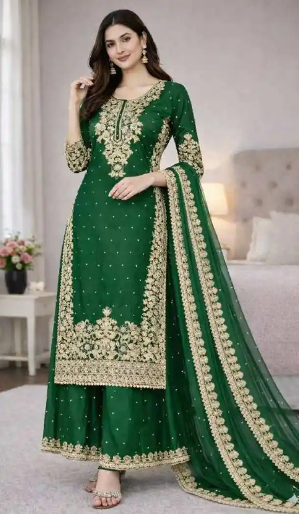 Green Party Wear Palazzo Suit with Embroidery Work - 217916