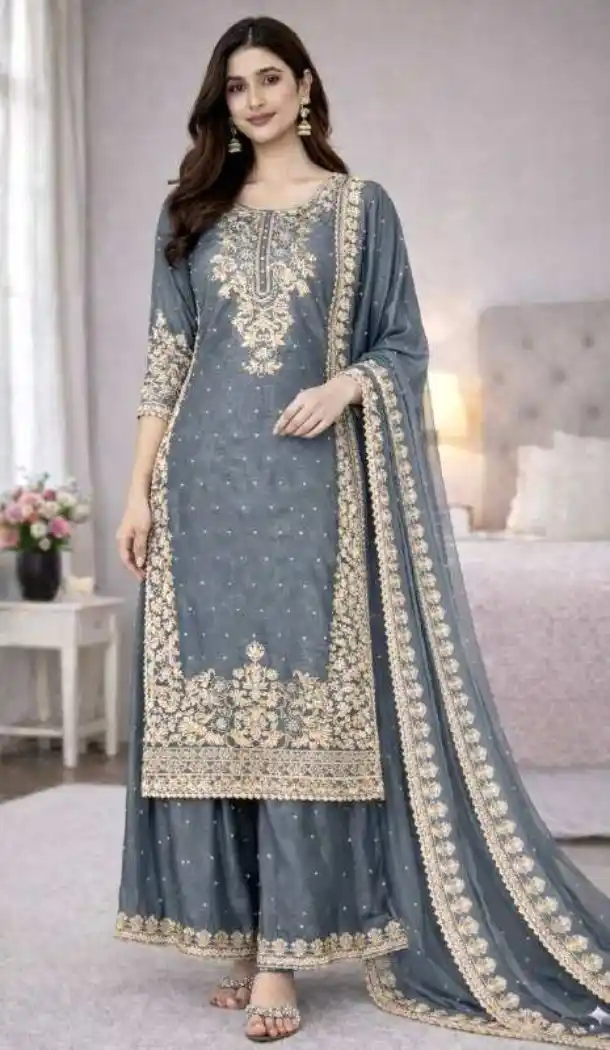 Grey Designer Palazzo Suit with Sequence Work - 217917