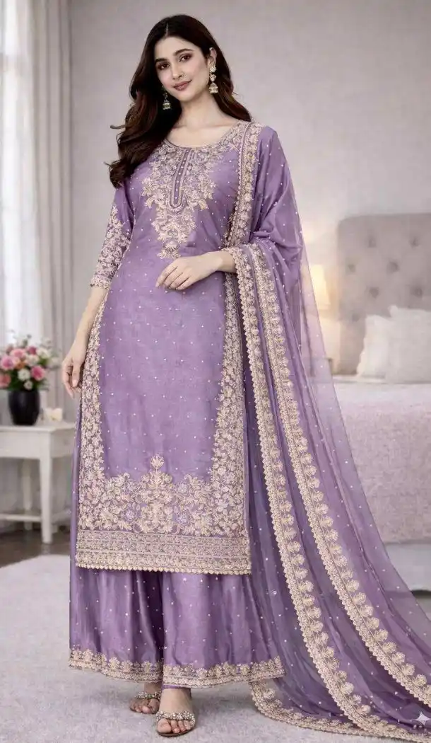 Lavender Festive Palazzo Suit with Coding Work - 217918